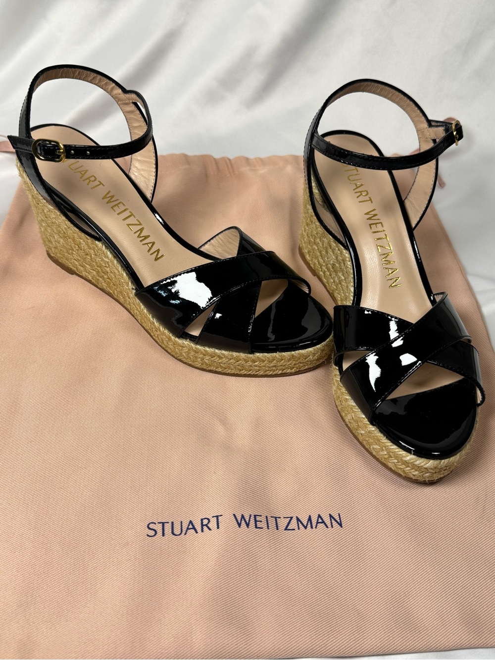 Stuart Weitzman Black Patent Leather Espadrille Wedge Sandals 6.5 NWOT